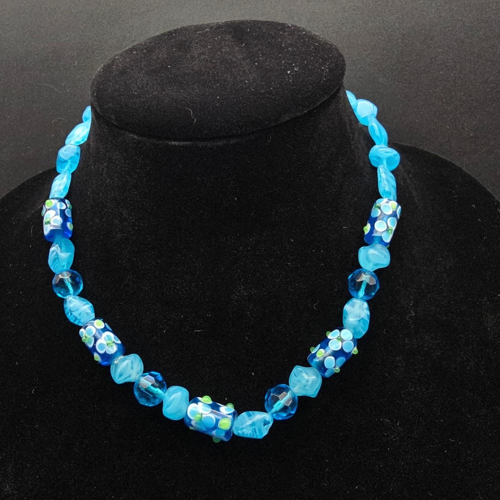 Blue Glass Acrylic Beaded Necklace Millefiori Flowers